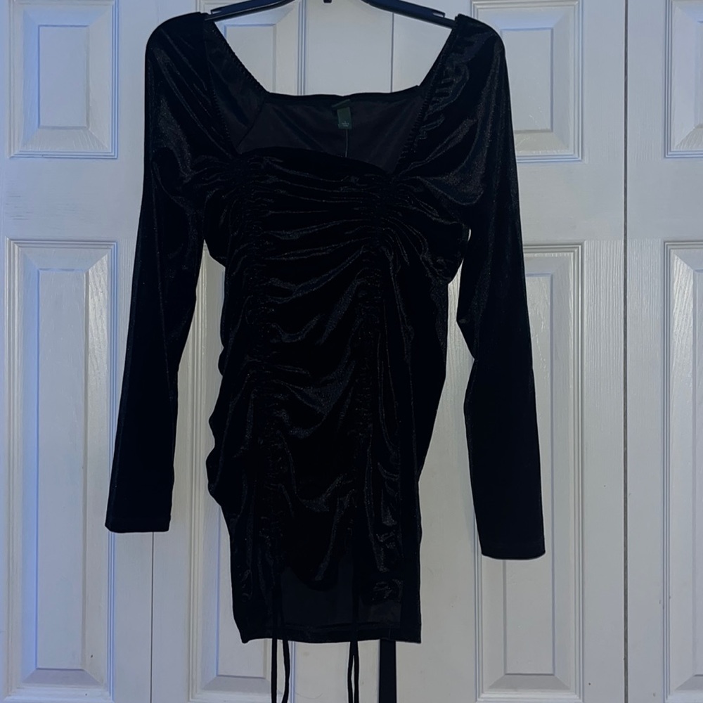 Large black scrunch side tie up dress
